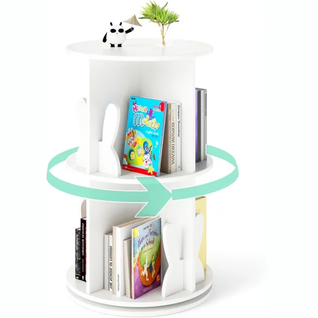 KOMFOTTEU Boekenkast voor kinderen - 360 graden draaibaar - kinderboekenkast met 2 niveaus - 8 vakken en boekensteunen - boekenrek - staand rek vrijstaand voor kinderkamer - speelkamer - wit