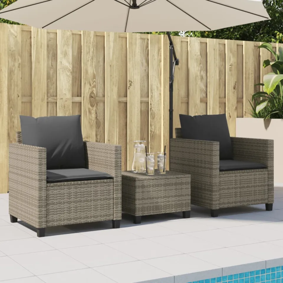 vidaXL 3-delige Bistroset met kussens poly rattan grijs, foto 2