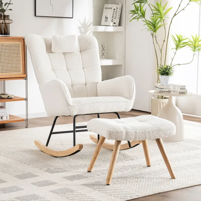 Zubaliya Ergonomische 92 cm hoge witte schommelstoel, zitbreedte 65 cm - inclusief 1 kussen en 1 poef (49*38*38 cm), stevige rubberen basis, max. draagvermogen 250 kg, schommelstoel, loungestoel,Wit