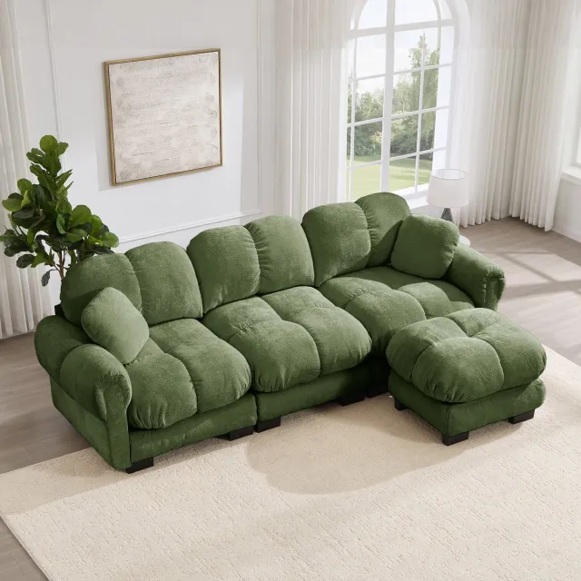 MODENUIT Hoekbank 260 x 149 x 90 cm - L-vormig met mobiele ottomane en 2 sierkussens - Chenille - Groen Green