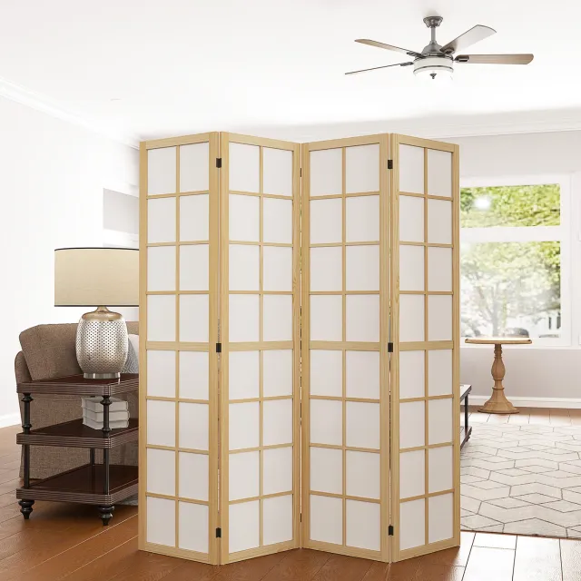 HAUSS SPOLE Kamerscherm Opvouwbaar – 4-Delig – 160 x 170 cm – Hout en Stof – Naturel – Ruimteverdeler voor Slaapkamer en Kantoor – Zonder Montage Naturel hout