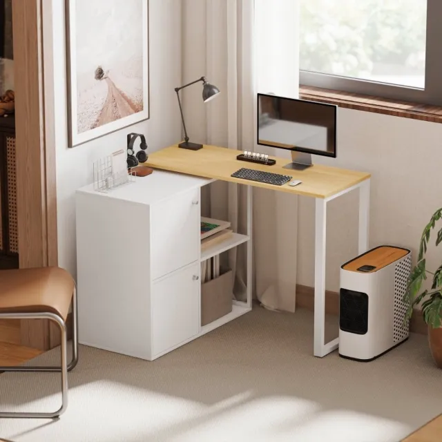 REDOM Bureau - 360° draaibaar L-vormig hoekbureau - 2 gesloten kasten en 2 open vakken - Moderne stijl - Kantoor - MDF en spaanplaat - Wit - 150 x 40 x 75 cm