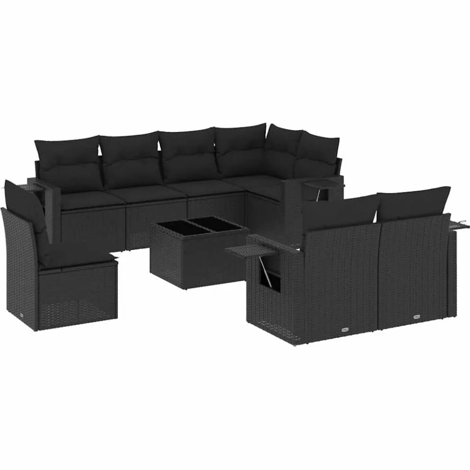 vidaXL 9-delige Loungeset met kussens poly rattan zwart, foto 3