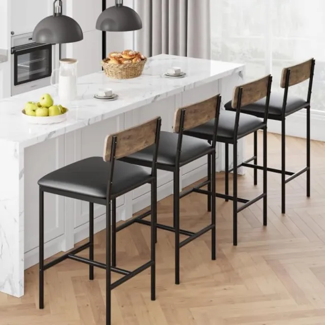 HOERFURIY Set van 4 industriële barkrukken 65 cm kunstleer, draagvermogen 300lb, rugsteun voetsteun, stalen frame, bruin of zwart retro kleur