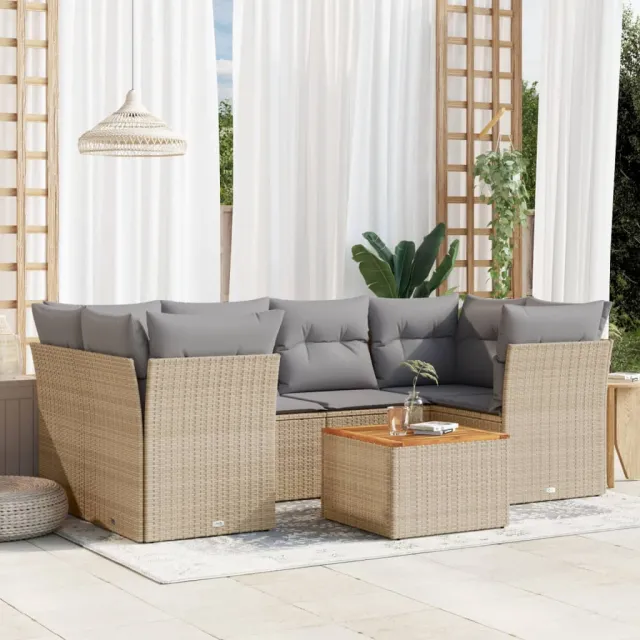 vidaXL 7-delige Loungeset met kussens poly rattan beige, foto 2