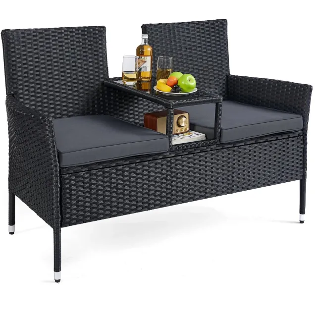 Velmio Balkonset 2 in 1 - Loungeset - Met Tafel - Tuinmeubels - Incl Buitenkussens - 2 Stoelen Incl Tafel - Balkonset 2 Personen - Zwart