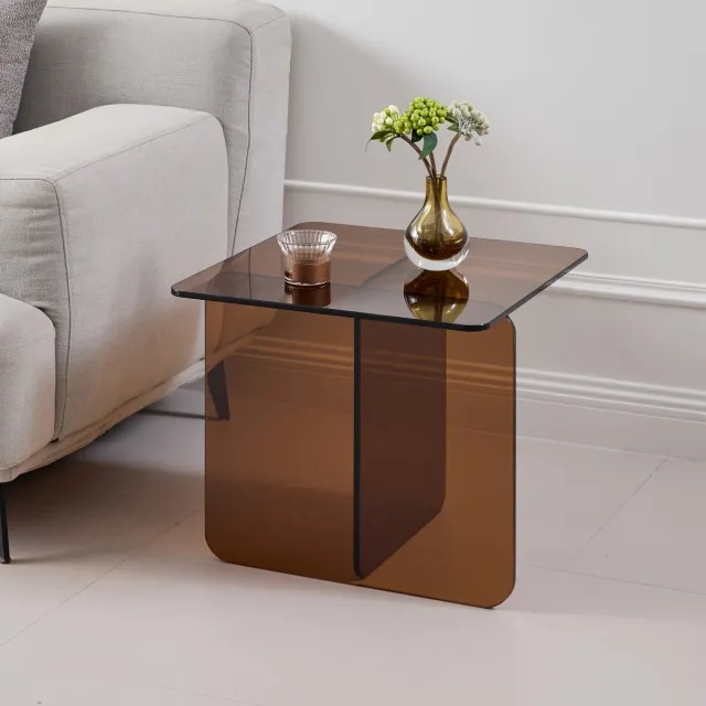 HAUSS SPOLE Bijzettafel - Gebogen Gehard Glas - Voor Woonkamer Keuken En Buiten - Transparant Bruin - 45x45x51 Cm