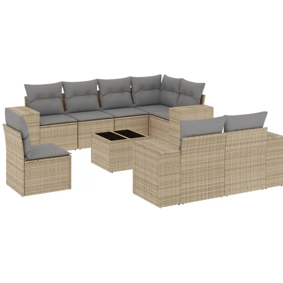 vidaXL 9-delige Loungeset met kussens poly rattan beige, foto 3