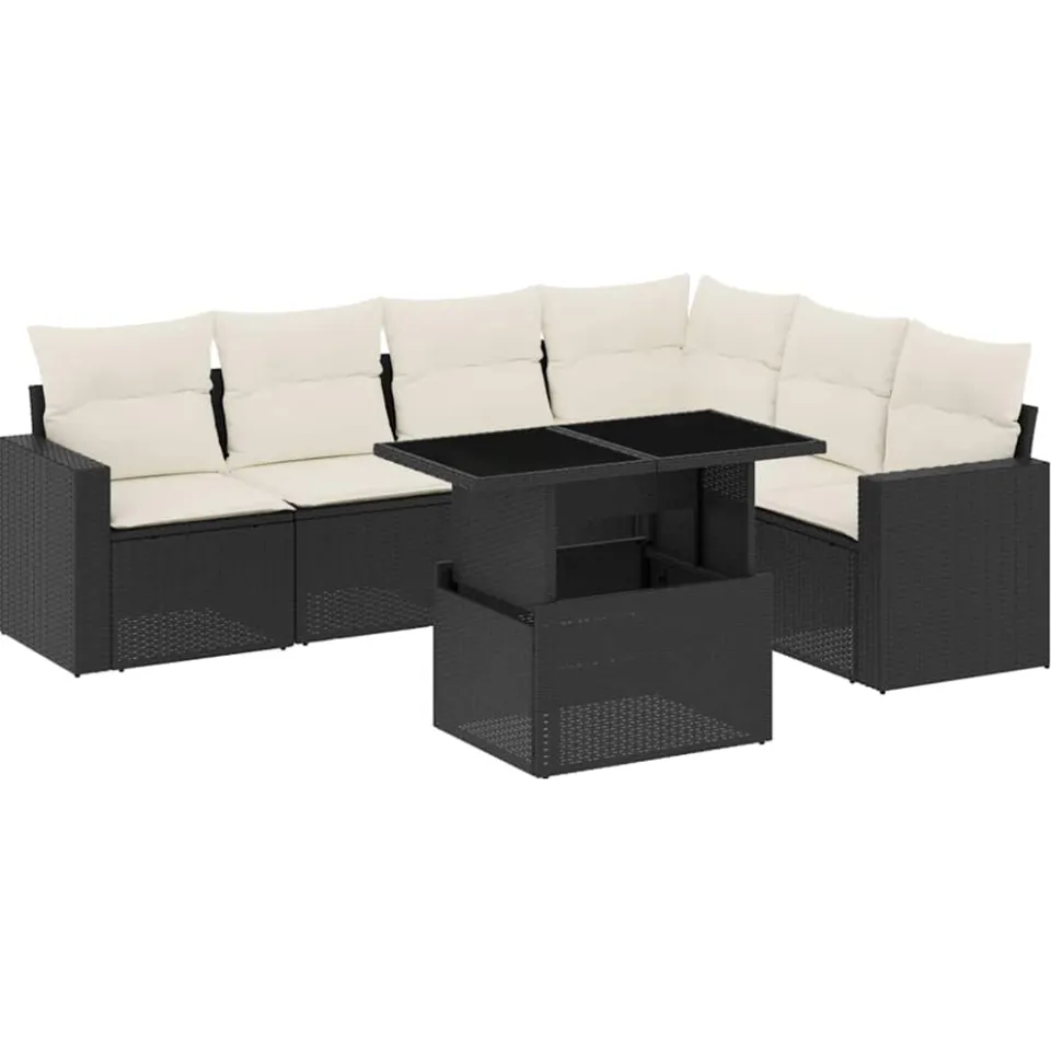 vidaXL 7-delige Loungeset met kussens poly rattan zwart
