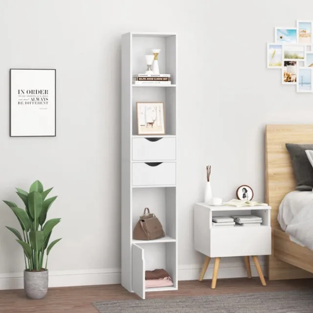 Corenia Luxe Opbergkast - Boekenkast - Opberg Kast - Wandkast - 6 Planken - 2 Lades - Hout - Wit White