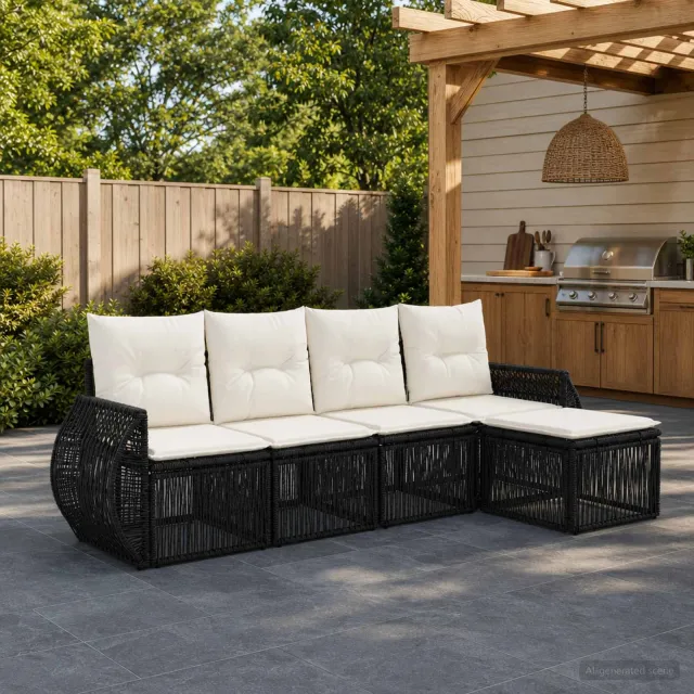 vidaXL Tuinbankenset 5 st 5-zits Zwart en Cream Wit poly rattan, foto 2