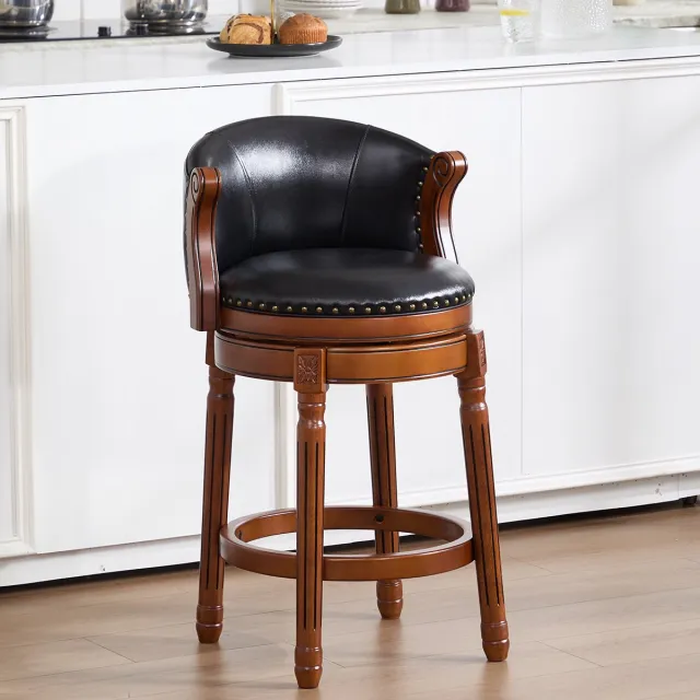Wishdor Barkrukken - Draaibare Zitting Met Gebogen Rugleuning - Modern Ontwerp - Voor Keuken Of Bar - Houten Frame Met Leren Bekleding, Sponsvulling En Houtnerflook - Zwart - Zithoogte 66 Cm