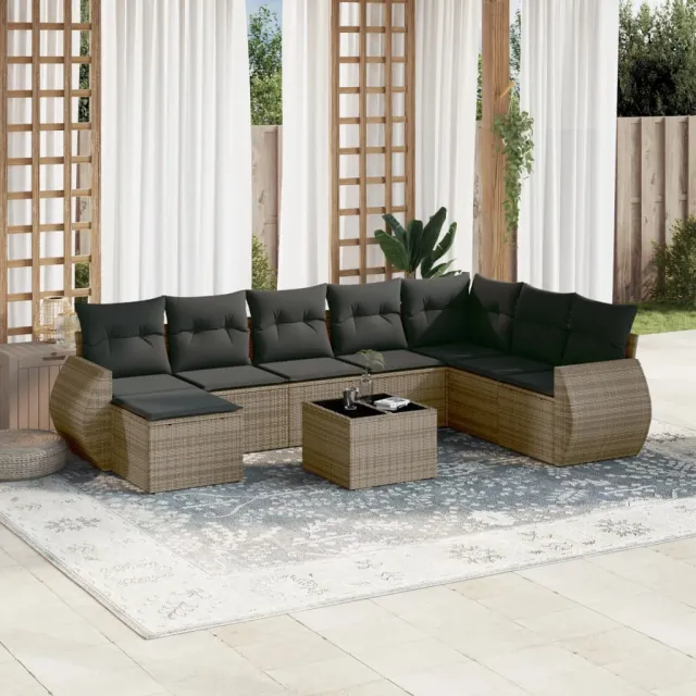 vidaXL 9-delige Loungeset met kussens poly rattan grijs, foto 2