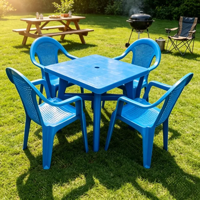 learnlogic Tuinmeubelset blauw 1 Tafel + 4 Stoelen 80x80x72cm Kunststof Terrasset Max Draagvermogen 150kg met Antislip Poten Geschikt voor Tuin Terras en Buiten Dineren