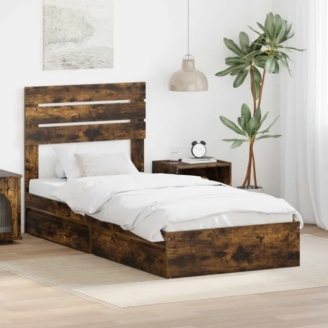 vidaXL Opslag bed met lade Gerookt eiken 90 x 200 cm Bewerkt hout Bruin
