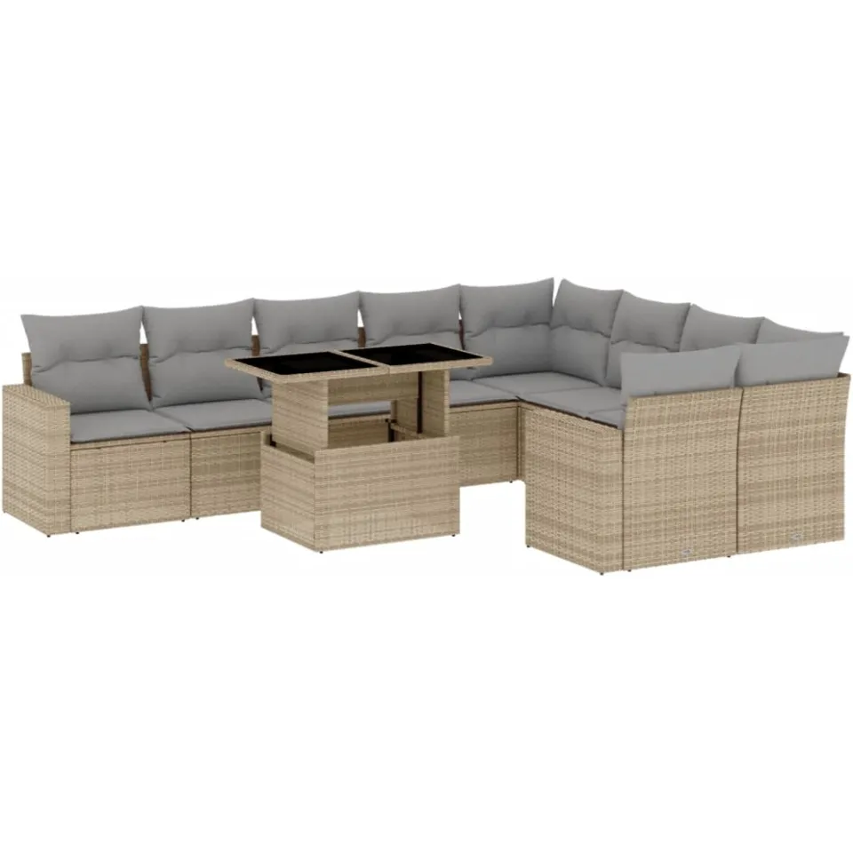 vidaXL 10-delige Loungeset met kussens poly rattan beige