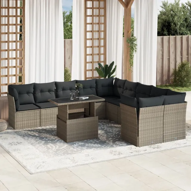 vidaXL 11-delige Loungeset met kussens poly rattan lichtgrijs grijs, foto 2