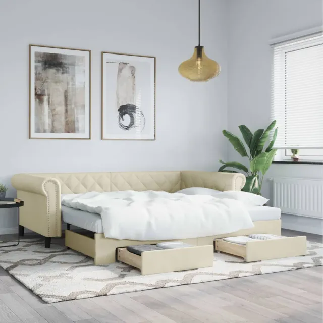 vidaXL Slaapbank met onderschuifbed en lades 90x200 cm kunstleer crème