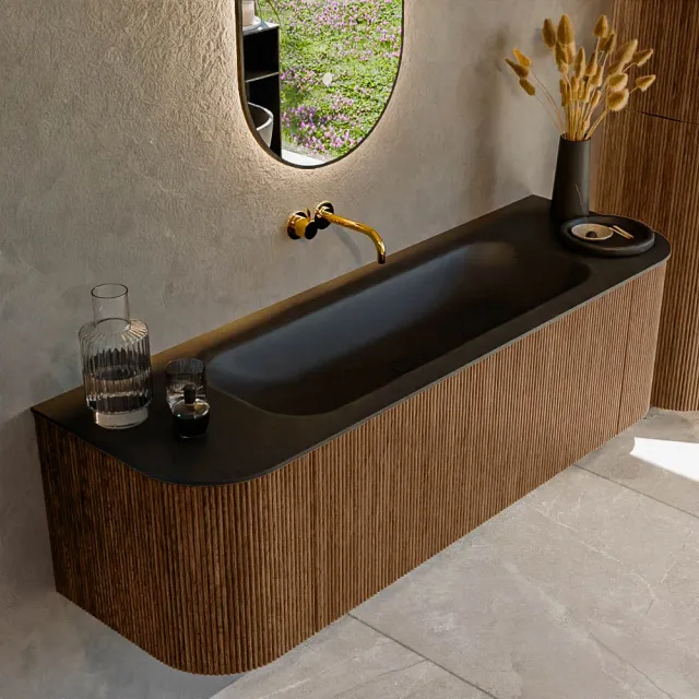 Mondiaz KURVE 150 cm Onderkast Greeploos 1 Lade Met Deuren Walnut, Wastafel Solid Surface Midden Urban 1 Kraangat Zonder Spiegel (KRVBGM150L+R1L2D1KM-Wal/Urb)