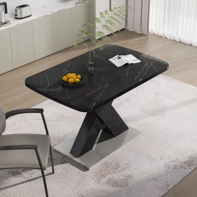 STILVORA Eettafel - Uittrekbaar Rechthoekig 120-160x80x76,5 cm - Gedrukt Zwart Marmer Blad - MDF X-Poten Met Stalen Basis - Draagkracht 220 lbs - Zwart