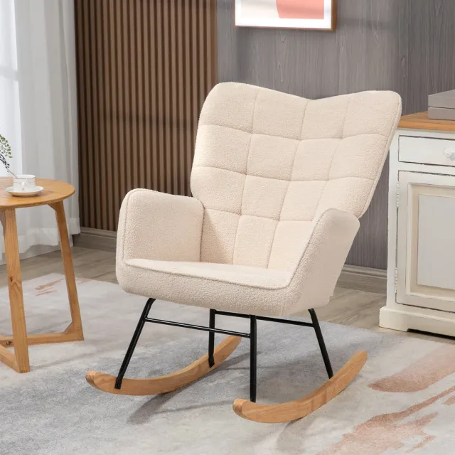 MEUNIQ Schommelstoel fauteuil 98 x 71 x 101 cm met armleuningen, hoge rugleuning en stofbekleding voor woonkamer of slaapkamer, beige
