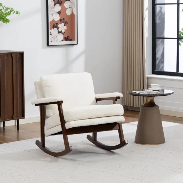 Wishdor Schommelstoel met armleuningen - Mid-century modern - gestoffeerd - hout frame - velvet - wit - 83 x 73 x 80 cm