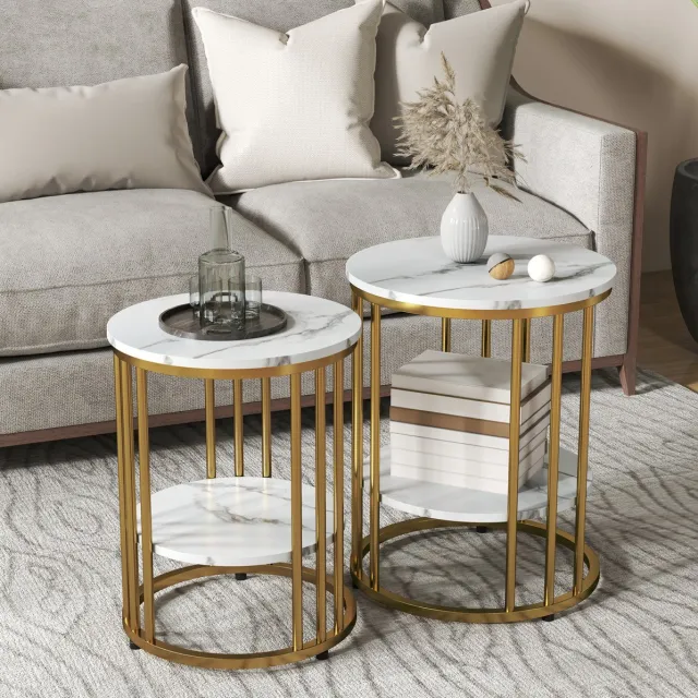 MODENUIT Salontafel Set - 2 Ronde Tafels Met Onderblad - Voor Woonkamer - Hout En Metaal - Wit Goud