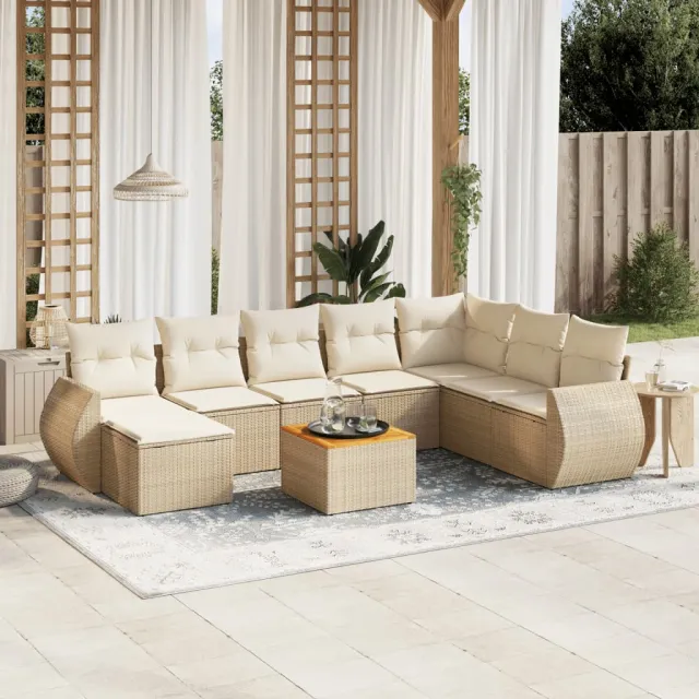 vidaXL 9-delige Loungeset met kussens poly rattan beige, foto 2