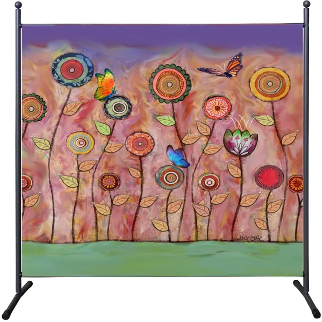 Famanu Paravent kamerscherm van 180 x 180 cm met retro bloemen, scheidingswand voor balkon en tuin, inkijkbescherming Zwart