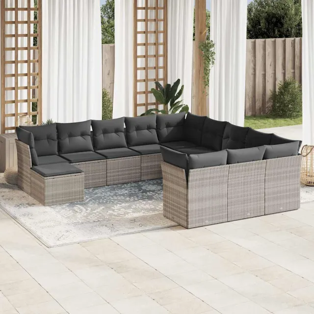 vidaXL 12-delige Loungeset met kussens poly rattan lichtgrijs grijs, foto 2