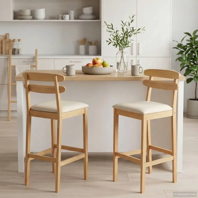 vidaXL Barkruk 2 st Natuurlijk en Beige Massief Rubberhout en Stof Bruin