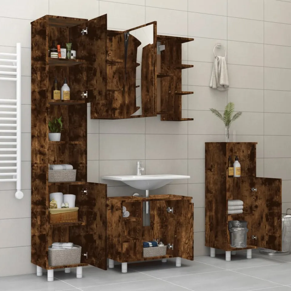 vidaXL 4-delige Badkamermeubelset bewerkt hout gerookt eikenkleurig, foto 2