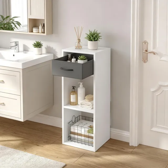 WUVRIE Boekenkast 32,4 x 30 x 80 cm - Met stoffen lade en 2 open vakken - Grijs/wit