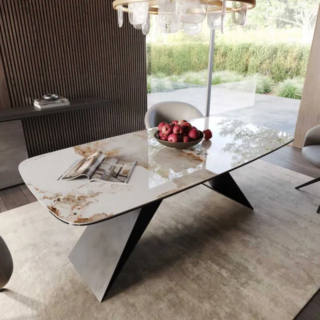 DELIFE Eetkamertafel Edge wit-beige Boot keramiek Minas Melange 200x100 V-frame vlak staal zwart Weiß-Beige