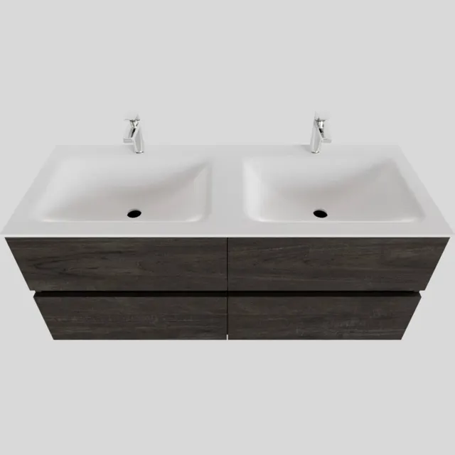 Boss & Wessing Badkamermeubel Solid Surface BWS Oslo 120x46 cm Dubbel Wood Dark Brown 4 Laden (2 kraangaten) Houtlook