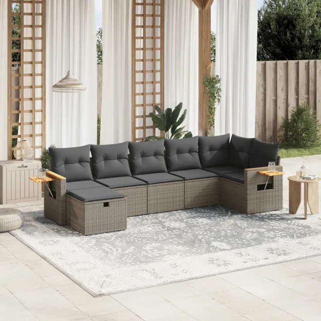 vidaXL 7-delige Loungeset met kussens poly rattan grijs, foto 2