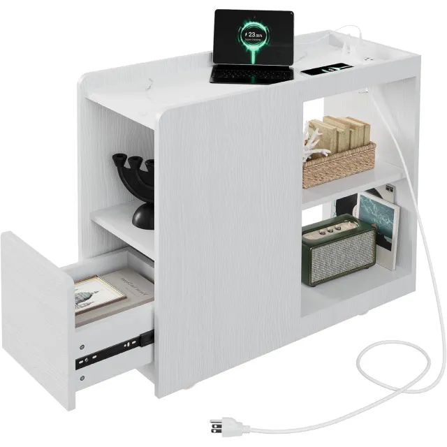 Triumpunpre Bijzettafel 70×30×62 cm met oplaadstation, lade en opbergvakken, Nachtkastje, Wit