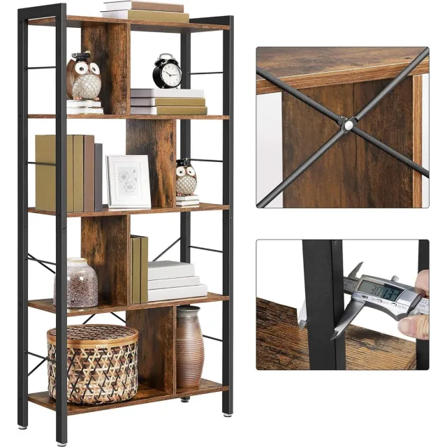 Acaza Boekenkast - Industriële Look - Hout/Metaal -74x30x155cm - Zwart/Bruin