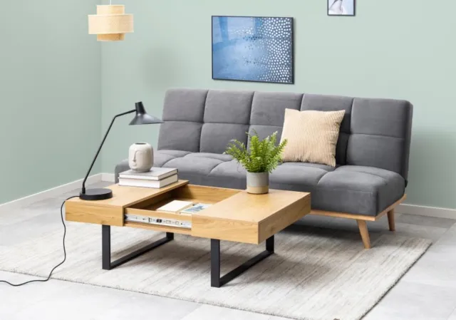 Bendt Salontafel New Haven 80 x 80 cm – Eikenlook – Uitschuifbaar Tafelblad – Met Verborgen Opbergruimte - Zwart Metaal bruin
