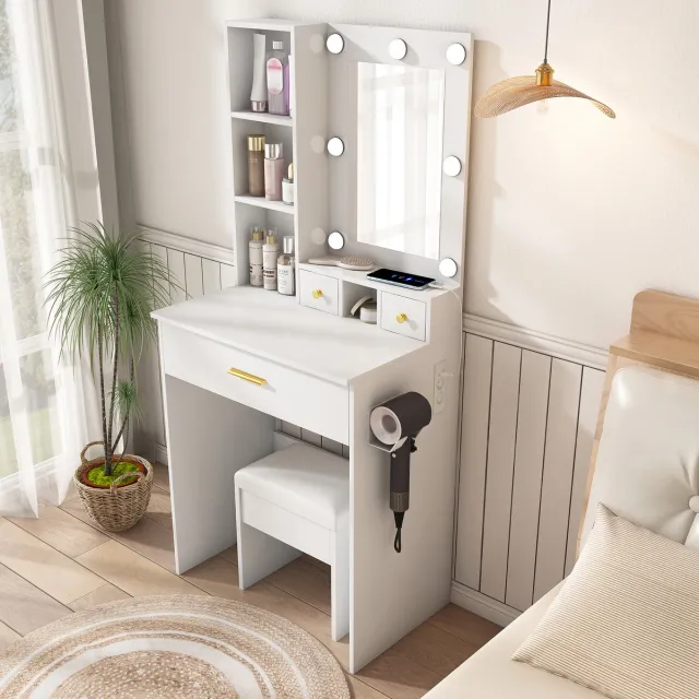 STILVORA Kaptafel - Met Spiegel, Dimbare Ledverlichting En Stopcontact - Met Laden En Kruk - MDF - Wit Walnootkleur