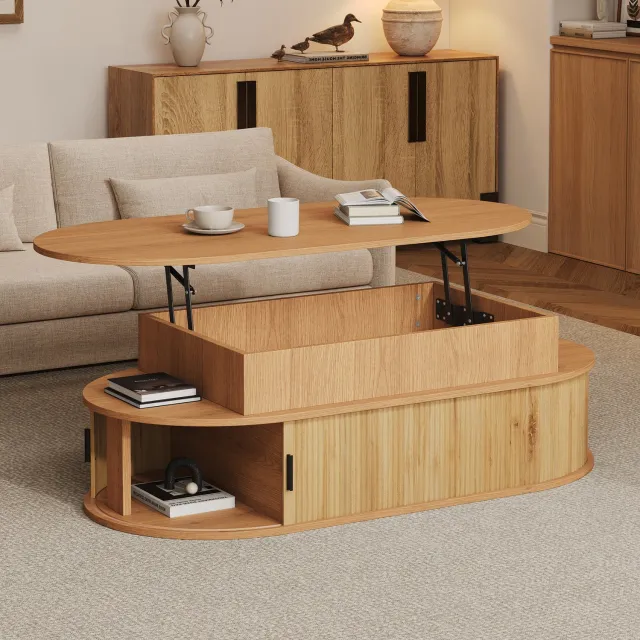 Wishdor Ovale salontafel - Verstelbaar tafelblad met hydraulisch hefmechanisme - Verborgen opbergruimte, schuifdeuren en open vakken - Retro voor woonkamer - MDF - Houtkleur - 100 x 50 x 40 cm