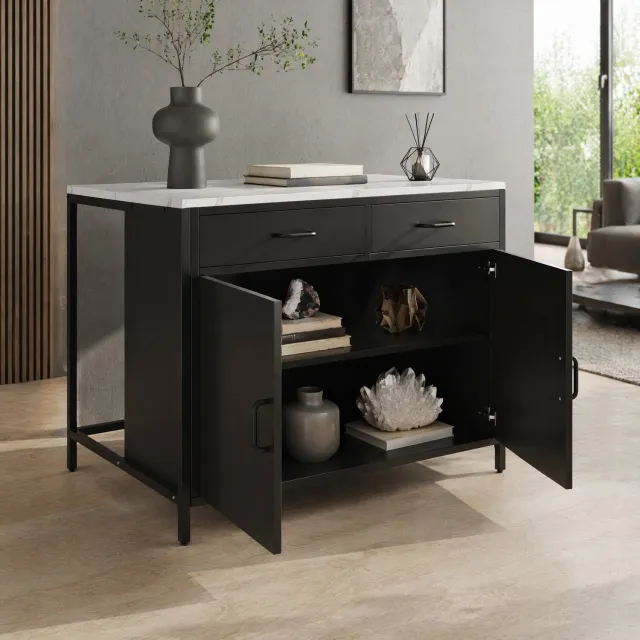 Maisentiel Zwarte bartafel met lades en marmerlook blad - 100 x 90 x 90 cm