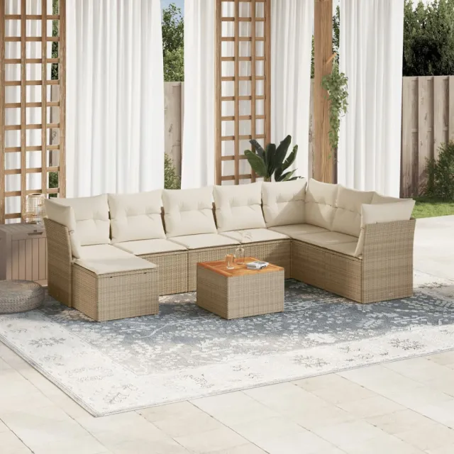 vidaXL 9-delige Loungeset met kussens poly rattan beige, foto 2