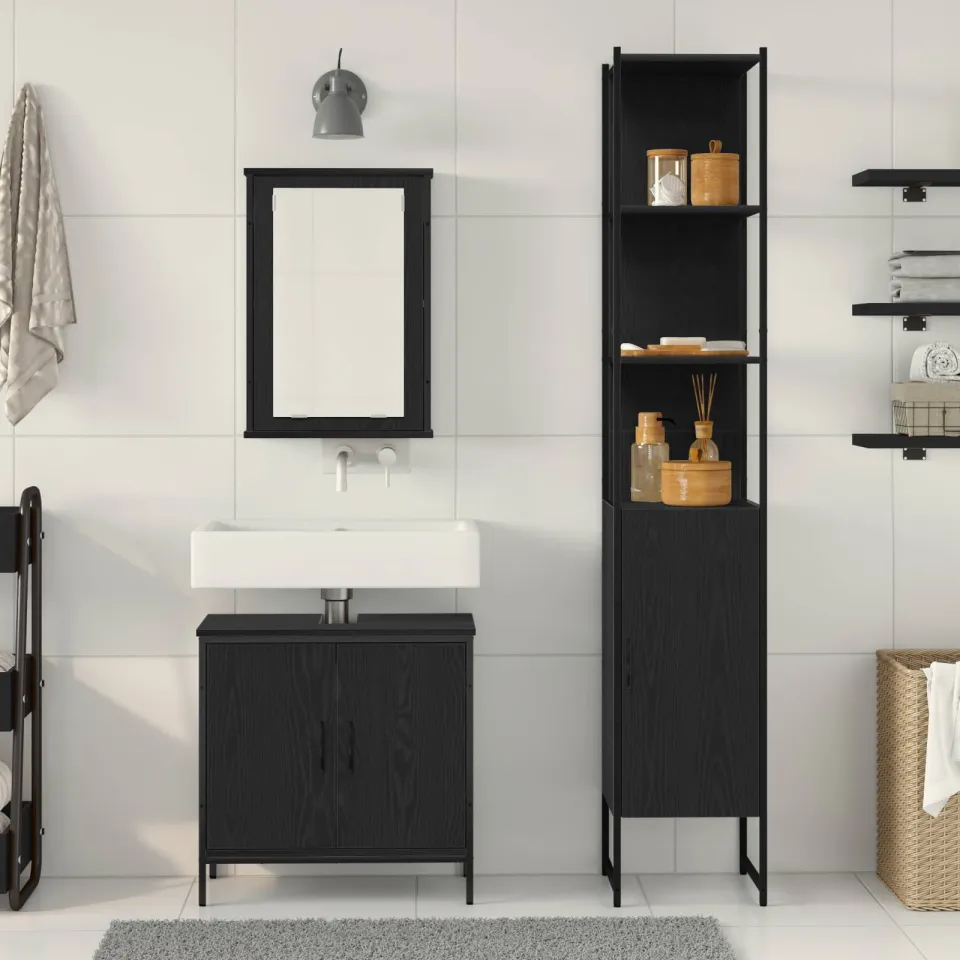 vidaXL Badkamermeubelset 3 st Zwart 33 x 33 x 185,5 cm Bewerkt hout, foto 3