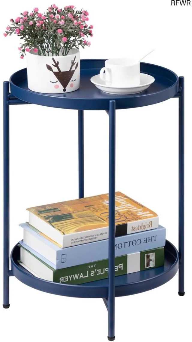 RFWR Ronde Bijzettafel Metalen Bijzettafel met 2 Lagen voor Woonkamer, Slaapkamer, Balkon of Terras, Donkerblauw Donker Blauw