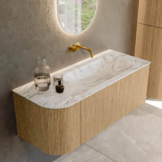 Mondiaz KURVE-DLUX 115 cm Onderkast Greeploos 1 Lade Met Deuren Oak, Wastafel Solid Surface Rechts Glace 0 Kraangaten Zonder Spiegel (KRVBGS115L1L1D0KR-Oak/Gla)