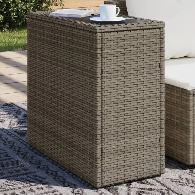 vidaXL Tuinbijzettafel met glazen blad 58x27,5x55 cm poly rattan grijs, foto 2