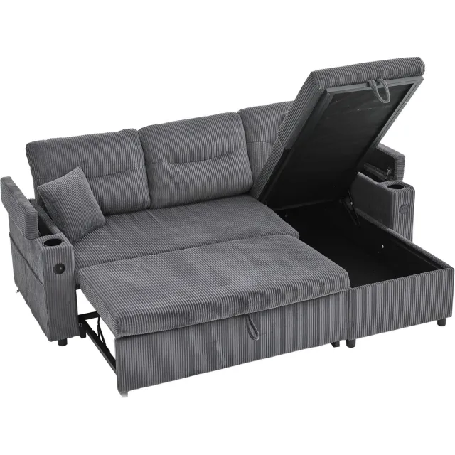 REDOM 3-Zits Slaapbank - Met Opbergruimte, Bekerhouders En USB-C - Modern - Voor Woonkamer - Cord - Koolstofgrijs - 212,5 x 136 x 86 cm Koolgrijs