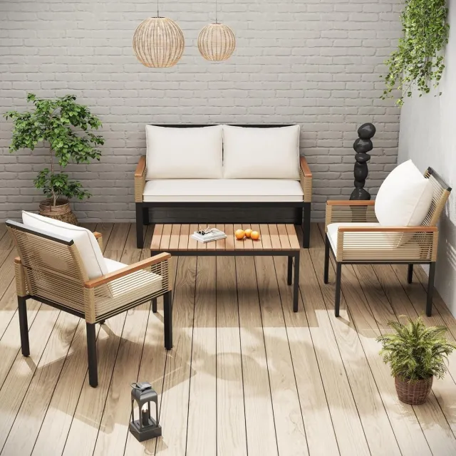 Laura Loungeset 4-delig 109x67x75 cm – Polyrattan Tuinset met Bank, 2 Stoelen en Tafel – Weerbestendig & UV-bestendig – Balkon, Tuin & Terras – Beige – Laura