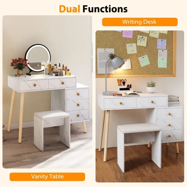 GranMaison Kaptafel met spiegel en verlichting - Make up tafel - Make up - Toilettafel -Met lades - Kaptafels - Met kast - Wit + Naturel Hout